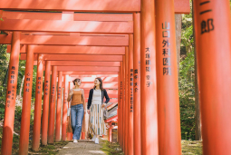 沢山の鳥居が連なる参道を歩く二人の女性の写真